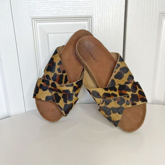 Anacapri Leather Leopard Print Pony Hair Criss Crop Wide Strappy Slip On Sandals - Picture 2 of 10